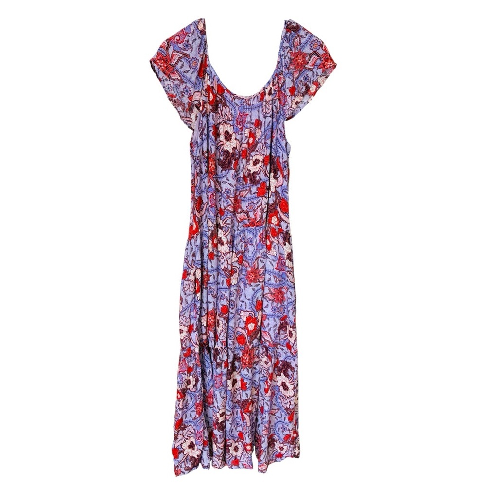 Knox Rose MEDIUM Purple Haze Floral Flutter Sleeve Tiered Maxi Dress Pockets - Picture 9 of 10